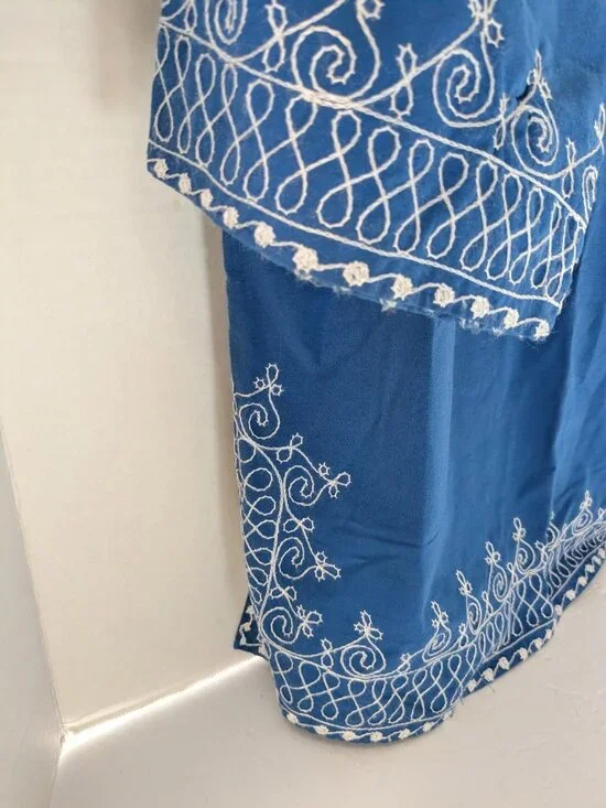 Moroccan Embroidered Tunic Top Women’s L Blue White Boho Kaftan Gandoura Shirt - Picture 6 of 8